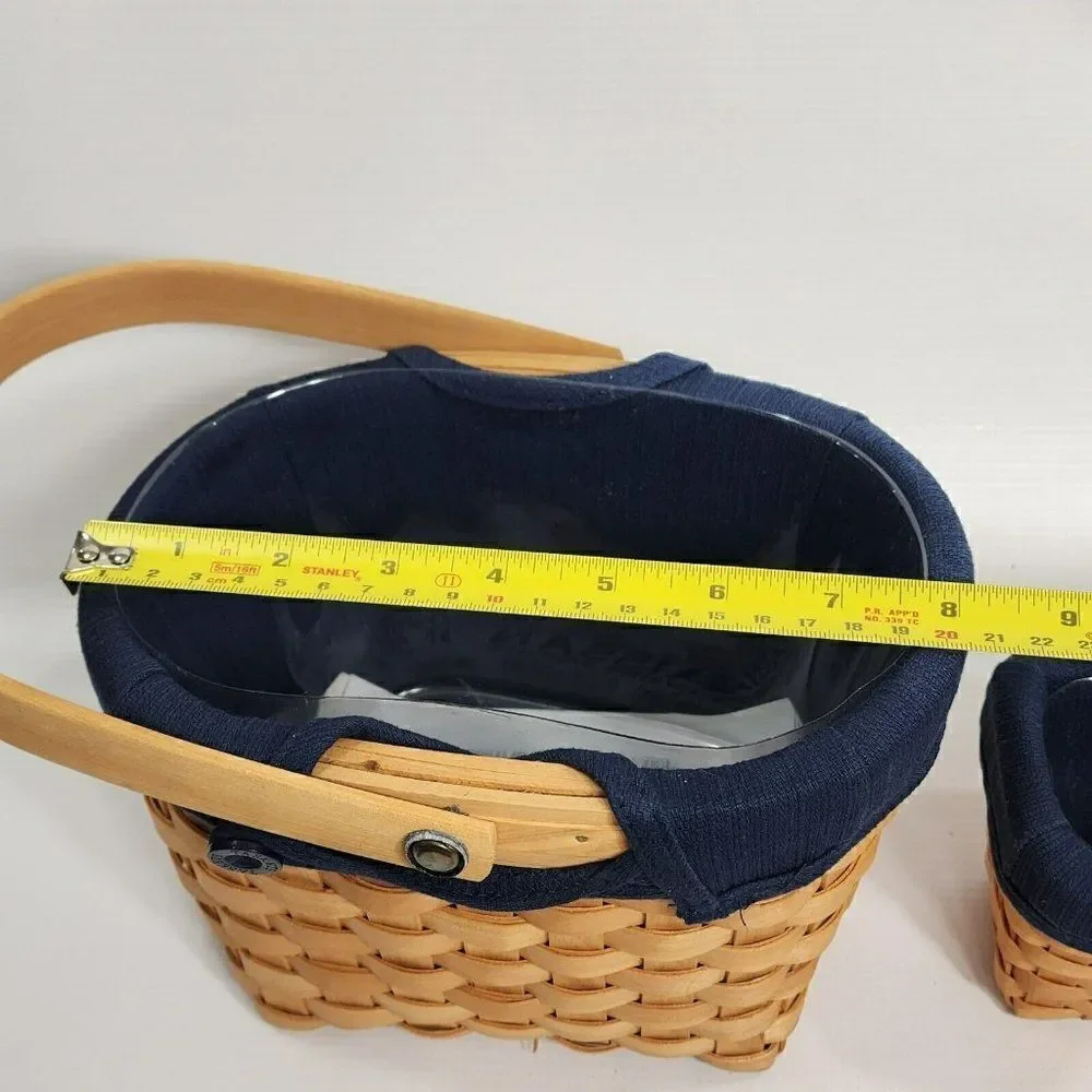 3 Taskets Renaissance Wood Slat Woven Baskets Navy Liner Bow Wow Meow‎